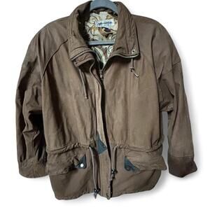 Medium vintage unisex brown suede leather jacket art nouveau liner funnel neck